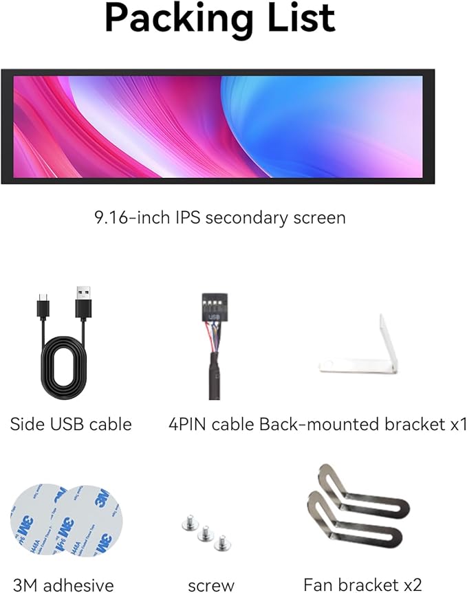 9.16" Computer Temp Monitor, FHD 1920x462 PC Sensor Panel One-Cable Connection(No HDMI Needed), Stretched Bar LCD Dynamic Theme Supported, IPS Mini Secondary Screen for CPU RAM HDD Data (Black)