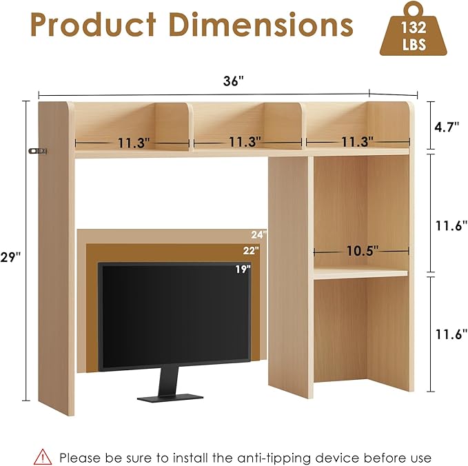Nromant Desktop Bookshelf, Wooden Desk Storage Hutch with 5 Shelves, 3-Tier Desktop Display Organizer Rack for Office Home (Natural, 5 Shelves A)