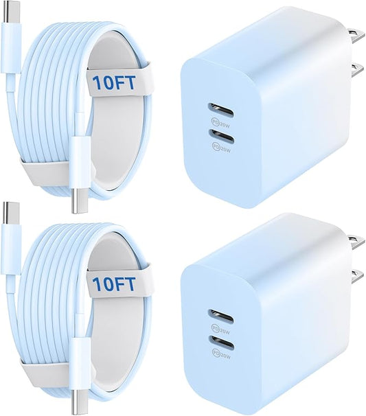 20W Dual Port USB C Charger Block,Phone 17/16/15 Pro Max Charger Fast Charging with 10FT Long USB C to C Charging Cable Cord for 17 16 Pro Max/17 16 15Pro/15/15Plus,Android Phone-Gradient Blue