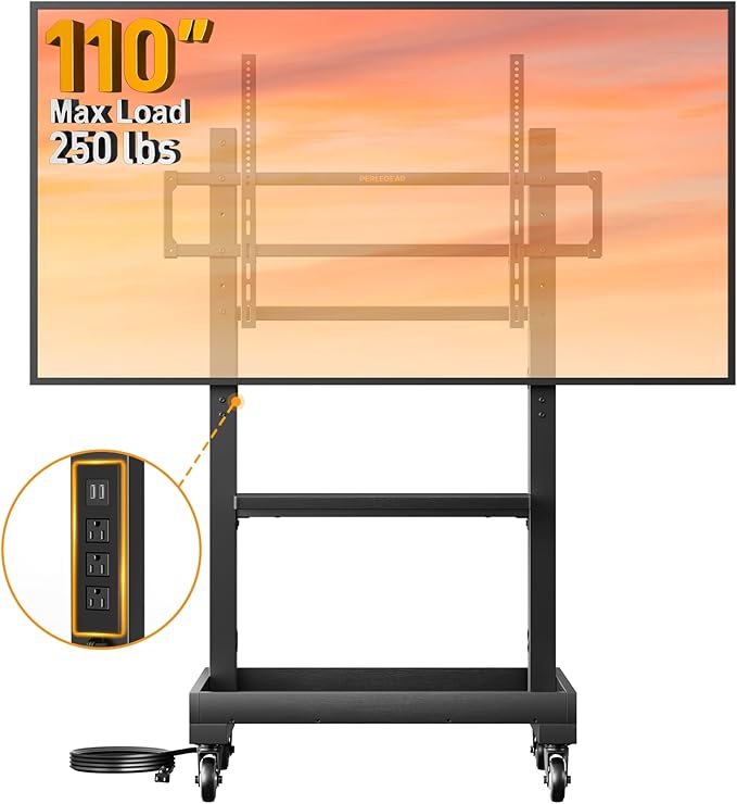 Perlegear Rolling TV Stand for 32”-110” TVs up to 250 lbs, Outdoor TV Stand with Large Wheels, Handle & Power Outlet, Height Adjustable Mobile TV Cart with Wood Shelf, Max VESA 800x600mm, PGTVMC24B