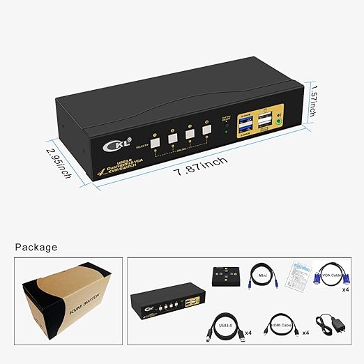 CKL KVM Switch Dual Monitor HDMI 4K@60Hz + VGA (2 Monitors 4 Computers 942HV-3) for Home and Office to Console Desktops/Laptops, Support USB 3.0, Hot Key, Audio, Wireless Keyboard and Mouse