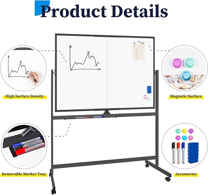 maxtek Rolling Whiteboard, 48x36 Large Magnetic White Board with Stands, Big Double-Sided White Board Dry Erase on Wheels for Homeschool, Home Office, Office, School (Black, 48 x 36)