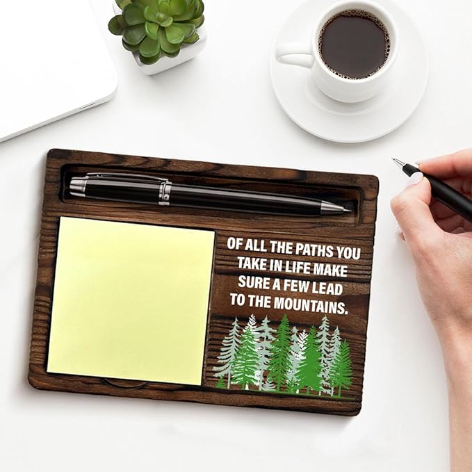 Inspirational Sticky Note Holder of All the Paths You Take in Life Desk Decorations Watercolor Mountain Encouragement Gifts for Women Men, Post it Note Dispenser for Office Desk Decor