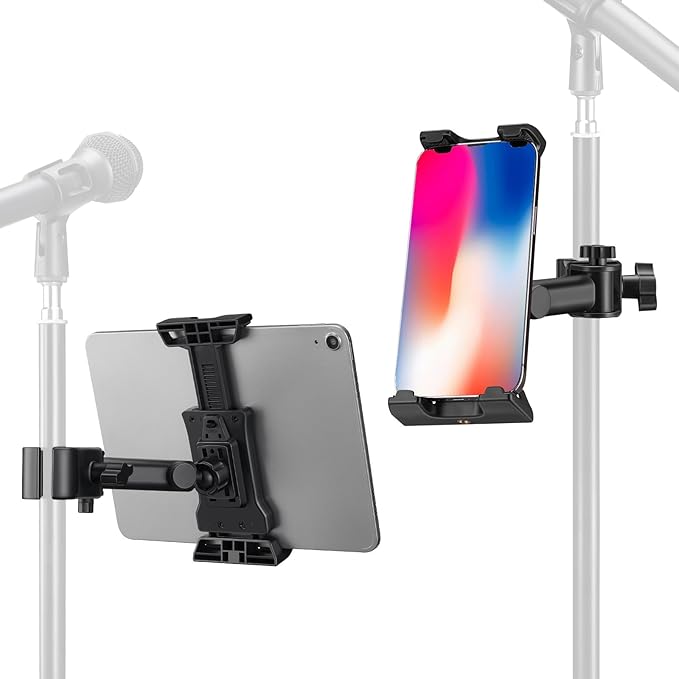 LEKATO Tablet Holder for Mic Stand, Adjustable Microphone Music Stand Phone Holder Mount, Compatible with iPad, iPhone, All 4.7-13.5 Inches Tablets & Smartphones