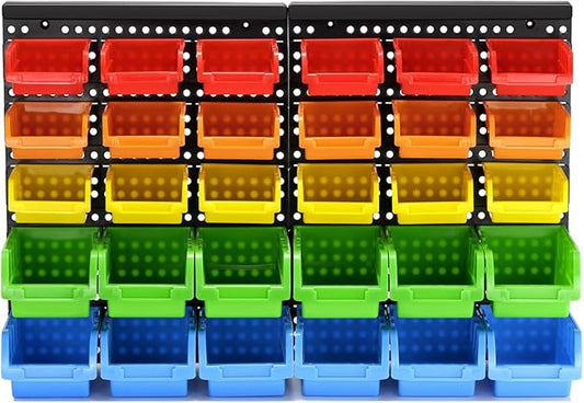 30-Bin Wall Mounted Storage Bins Kit, Tool Organizer Rack, Garage Hardware Organizer, Parts Storage Bins, DIY Combination 4 Set (Red & Green & Orange Type)