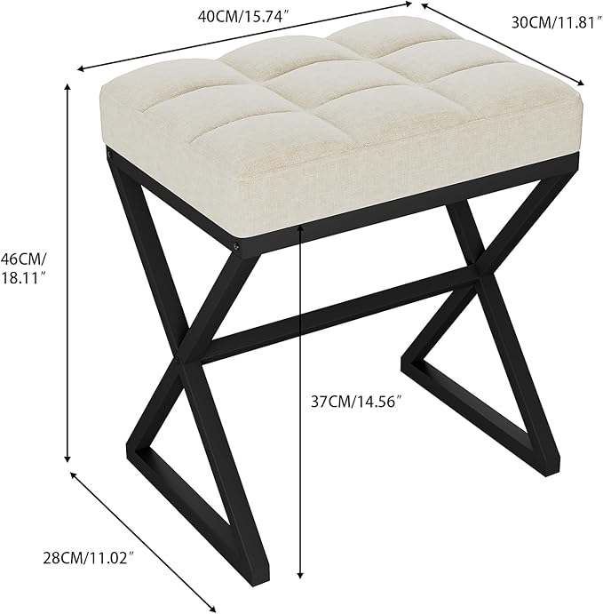 YMYNY Vanity Stool, Linen Footrest Stool, Ottoman Bench with X-Shaped Metal Legs, Makeup Dressing Stool for Vanity, Living Room, Bedroom, Entryway, Hallways 15.74" D×11.81" W×18.11" H Beige UHBD033Y