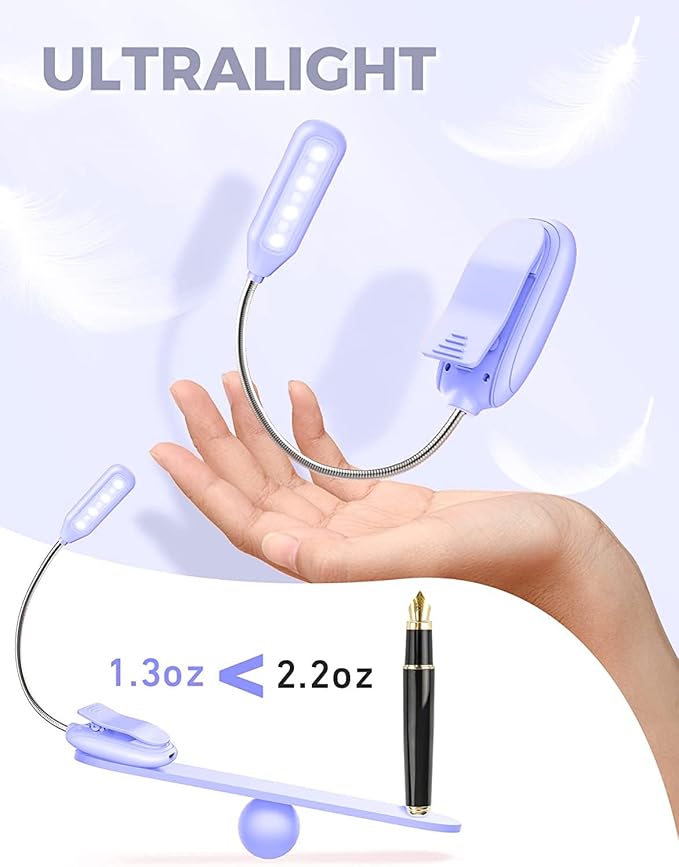 Rechargeable Book Light for Reading in Bed, 80H Reading, 3 Brightness Levels & 3 Color Temperatures, Lightweight Flexible Clip on Reading Lights for Books in Bed