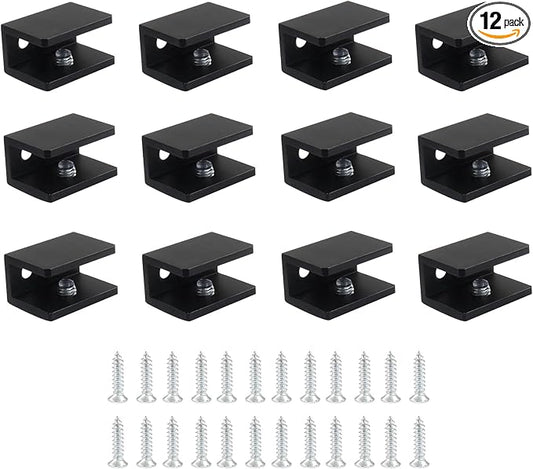 Hordion 12 Pack Square Glass Clamp, Aluminum Alloy Shelf Clamp Clip Glass Holder Support Bracket for 8-10 mm Thick Glass, Black