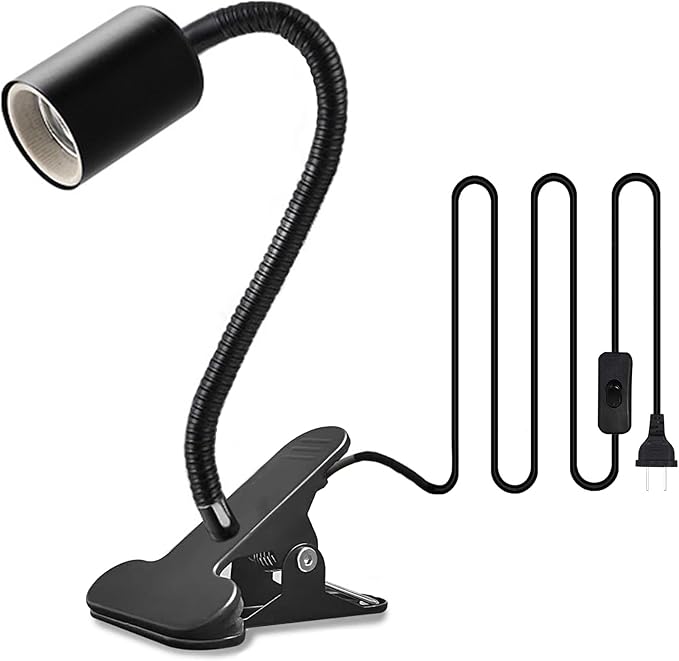 Clip on Light E26/E27 Metal Clamp Light Socket with Plug and Switch 360° Flexible Rotatable for Bedside Office Basement Reptile Plant Illumination Clip Lamp Black (No Bulb)
