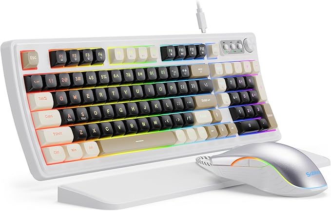 SABLUTE Wired Gaming Keyboard and Mouse, RGB Backlit Mechanical Feel PC Gaming Keyboard with Multimedia Knob & Anti-Ghosting Ergonomic Premium Leather Wrist Rest for Game (White)