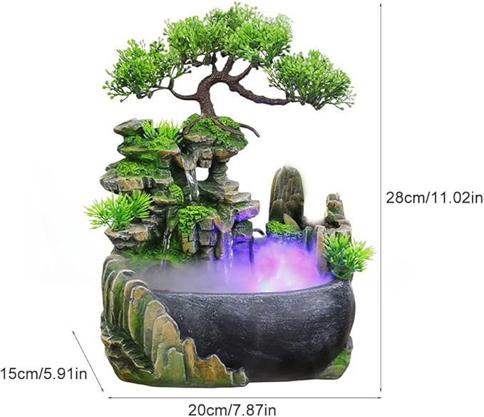 Tabletop Fountain, Atomizing Desktop Humidifier with Rockery & Bonsai, Zen Meditation Indoor Relaxation Waterfall Feature, Illuminated Waterfall Fountain Indoor for Home Office Bedroom Desk Decor