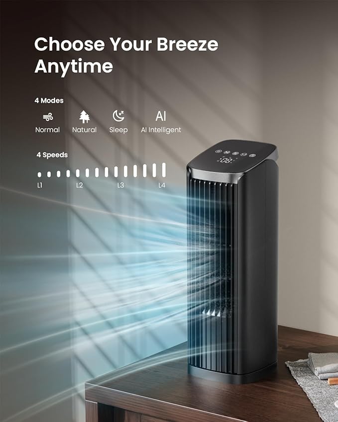 PNTCK Fan for Bedroom, 13" Tower Fan with Remote, 4 Modes 4 Speeds Max 24ft/s, 70° Oscillating Desk Fan, 12H Timer Portable Fans, Cooling Fans for Office, Home Large-13.1”-Remote