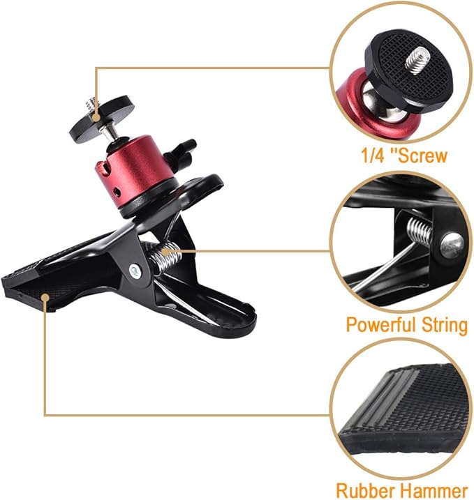UTEBIT Tripod Camera Clip Clamp with 360 Degree Swivel Mini Ball Head 2 Pack Clip Camera Mount Photography Accessories 1/4'' Screw Black Spring Clamp for DSLR Video Photoshoot Studio