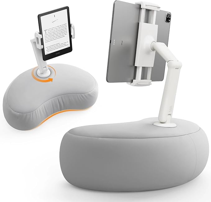 SAIJI Tablet Pillow Stand for Bed – iPad & Kindle Holder with Flexible Dual Axis Arm & Microbead Cushion, 360° Adjustable Lap Beanbag Phone Holder Fits Devices with 4.7"–15.6" Screens (Gray)