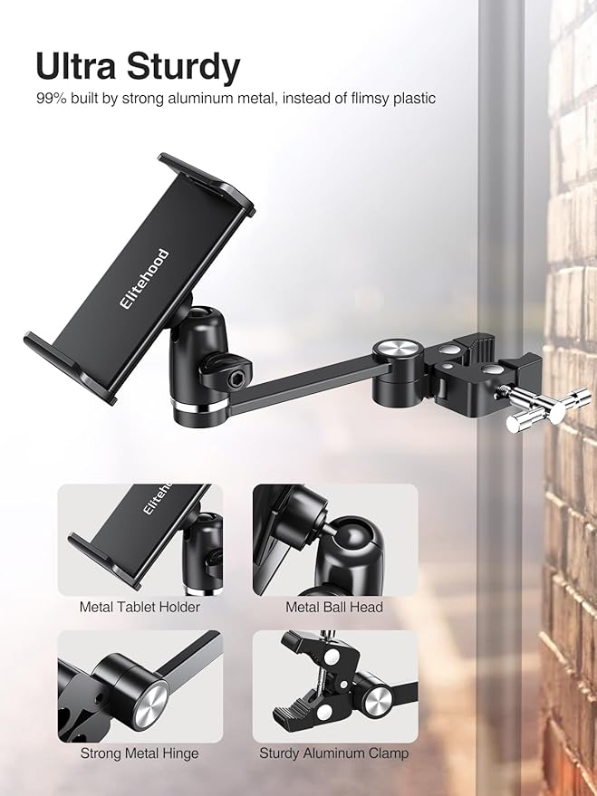 elitehood 8.5in Long Arm iPad Holder for Mic Stand, 360° Adjustable Aluminum Mic Stand Tablet Holder for Microphone & Stage Music, iPad Mount Compatible with 4-13in Tablets, iPhone and Phones