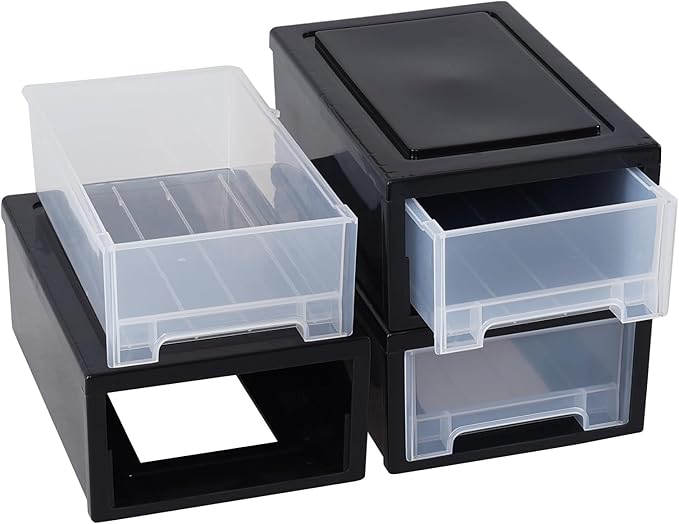 Compact Stacking Storage Drawer Unit, 6 Quart Plastic Desktop Drawers, 3 Pack, Black