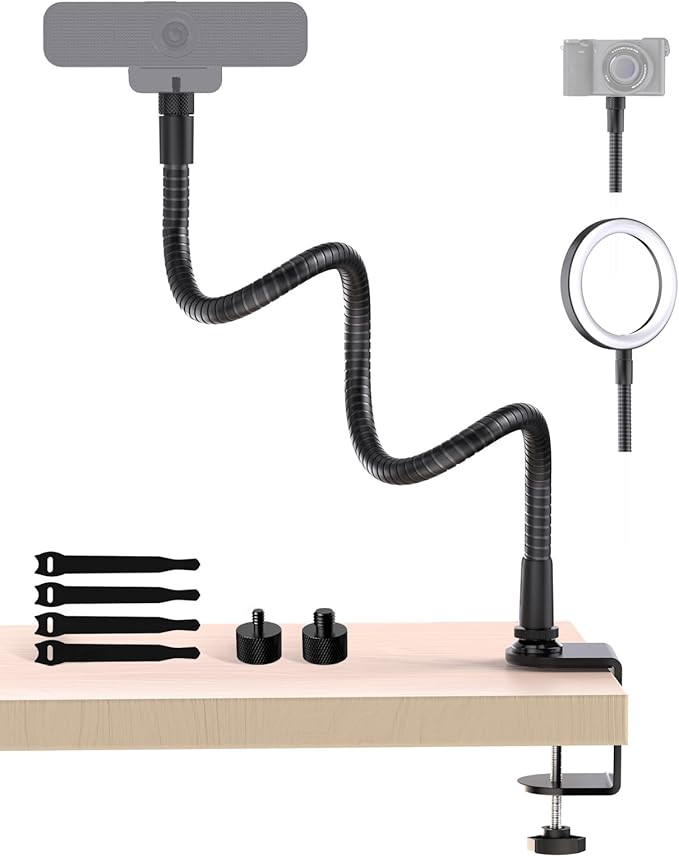 19 Inch Webcam Stand Camera Mount with Upgraded C-Clamp, Adjustable Flexible Gooseneck Arm Tripod for Desk Mount for Logitech C930e C930 C920 C922x C922 Brio 4K C925e C615, Gopro, Max Load 2.5 lb