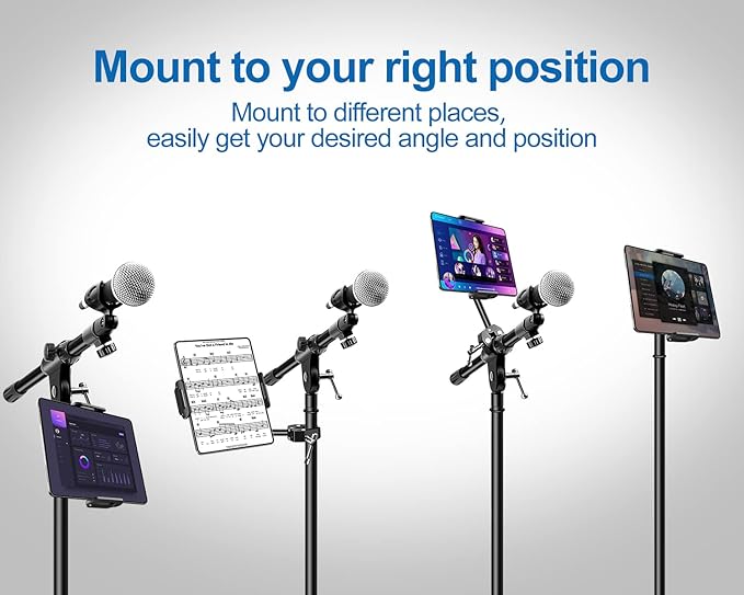 elitehood Aluminum iPad Holder for Mic Stand, Side Mount iPad Music Stand Holder for Microphone, 360° Swivel Tilt Adjustable Mic Tablet Mount for 4-13in iPhone, Cell Phones and Tablets