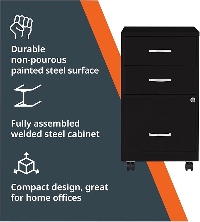 NuSparc Mobile 3 Drawer Locking Pedestal File Cabinet | Pre-Assembled Steel Construction | Perfect for Small and Home Office | Letter-Size | Assembled in USA