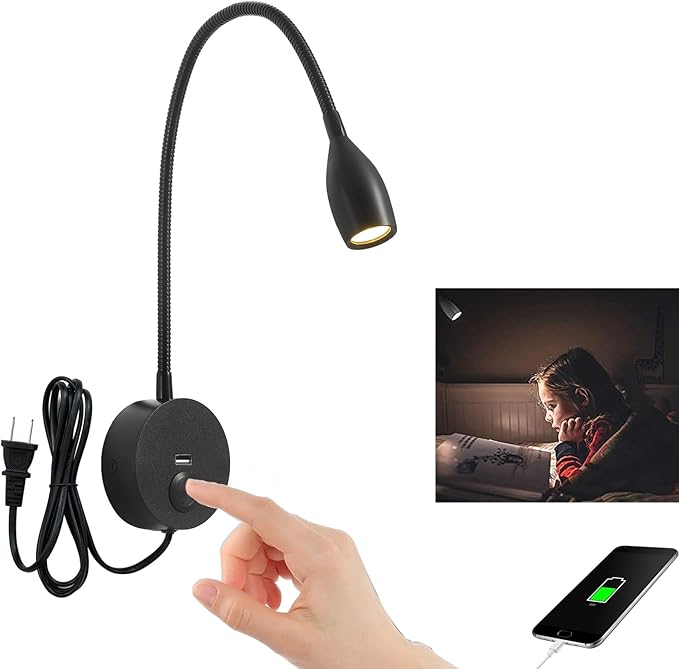 LED Wall Reading Light with USB Charging Port, Touch Dimmable Switch Gooseneck Bedside Lamp, Flexible Arm, 3W (Black, 120V Plug in, Warm White)