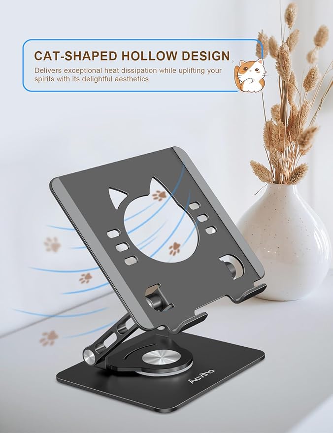 Aoviho Tablet Stand 360° Rotating Aluminum Holder, Adjustable, Portable and Foldable Monitors Stand for iPads, Compatible with 4-12.9" Tablets, Ink Black
