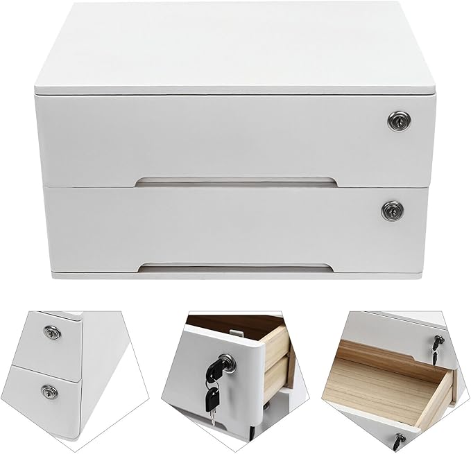 Wooden Desk Organizer with Drawers & Lock, Desktop Countertop Storage Cabinet Lockable Home Office Supplies File Tabletop Organizing Unit (2 Drawer - Modern White)