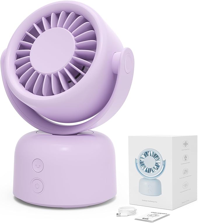 Small Oscillating Desk Fan, Rechargeable USB C Personal Fan, 3 Speeds Quiet Mini Desk Fan with Auto 90° Oscillation & 120° Manual Tilt, 3600mAh Battery Operated Portable Fan for Home Office Bedroom