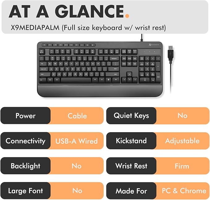 X9 Wired Ergonomic Keyboard - Comfortable Typing - Ergonomic Full Size USB Keyboard with Wrist Rest, Number Pad, Multimedia and 114 Keys - External Computer Keyboard for Laptop, Desktop and Office PC