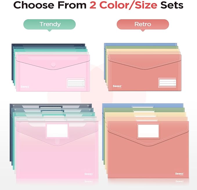 Sooez 20 Pack Plastic Envelopes, Plastic File Folder, Folders for Documents Retro Colors, Super Heavyweight Document Holder, Storage Pouches, File Envelopes for School Office Supplies