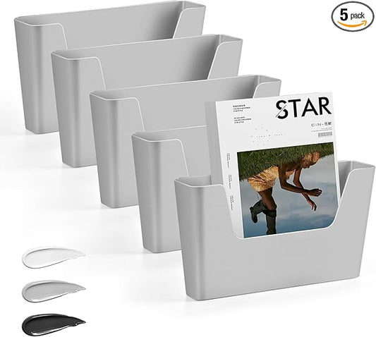 JOMOLA No Drilling File Holder 5 Pack Mail Organizer Wall Mount File Organizer Holder Office Wall Hanging Files Magazines Organizer Plastic Door Mount Wall Pocket with Adhesive Pad, Grey Color