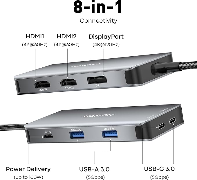 UANTIN USB C Docking Station Dual Monitor Adapter, Laptop Docking Station 3 Monitor Triple 4K60Hz Display with 2 HDMI, 4K120Hz DisplayPort, USB-A & USBC Data, 100W PD, USB C Dock for Dell, HP, Lenovo