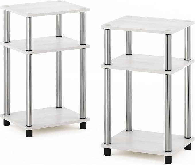 Furinno JUST Side Table Set of 2, 3-Tier Modern End Tables, Open Shelves Night Stand, Nightstand Set, Toolless Assembly, for Living Room, Bedroom, White Oak/Stainless Steel