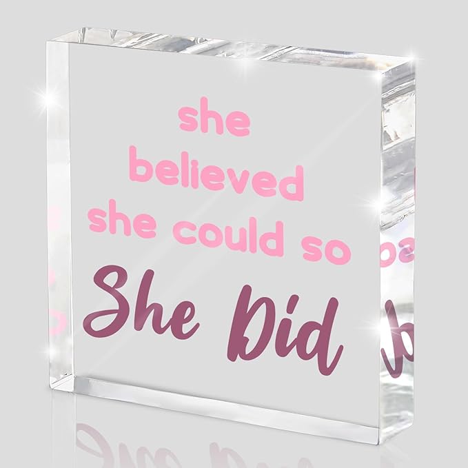 Pink Office Decor - Congratulations Gifts For Women - She Believed She Could So She Did Pink Office Desk Decor Accessories Acrylic Square Shape Sign - Inspirational Gift For Women