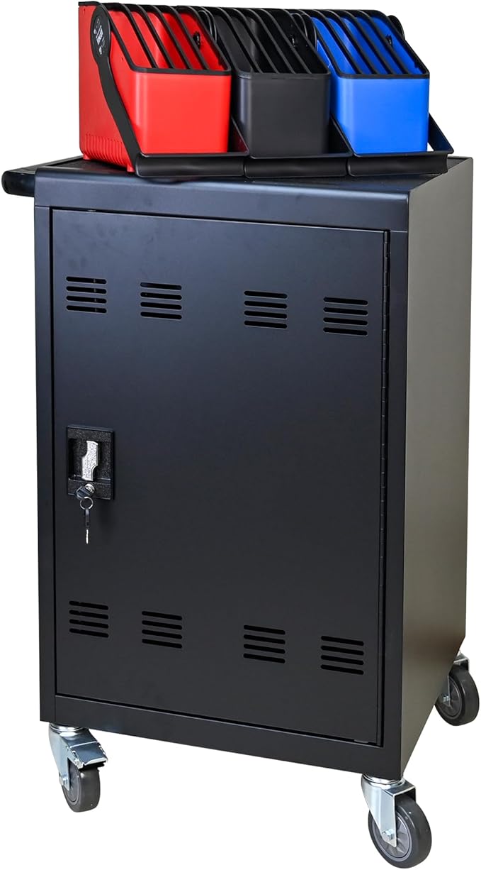 32 Device Charging Cart, Laptop and Tablet Storage Cart, Holds Up to 14" with 6 5-Device Storage Baskets, Cord Management, Front and Rear Access Locking, for Classroom or Office.Black