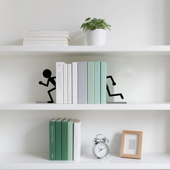 Metal Bookends Running People Bookends Decorative Cute Book Ends for Shelves Bookshelf Reading Decor Bookshelf Decor Space-Saving Desk Organizer for Book Lovers Gift