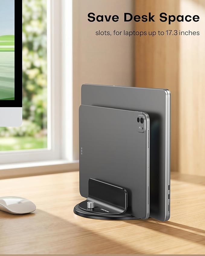 OMOTON VL04 360° Rotating Vertical Laptop Stand Holder, Aluminum Dual-Slot Desk Organizer for MacBook & iPad, Sides Knob Adjustment (No Lost Screws), Holds Laptop, Tablet & Keyboard, Fits up to 17.3"