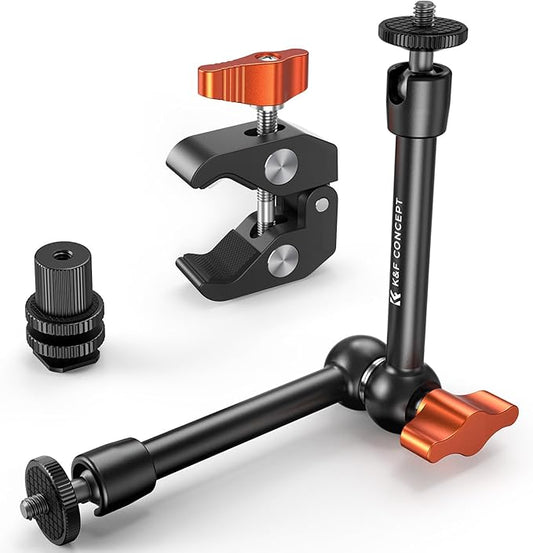 K&F CONCEPT 9.8" Magic Arm Clamp with Cold Shoes 360° Ball Heads Camera Arm Mount for Monitor/Flash/Microphone/DSLR Camera