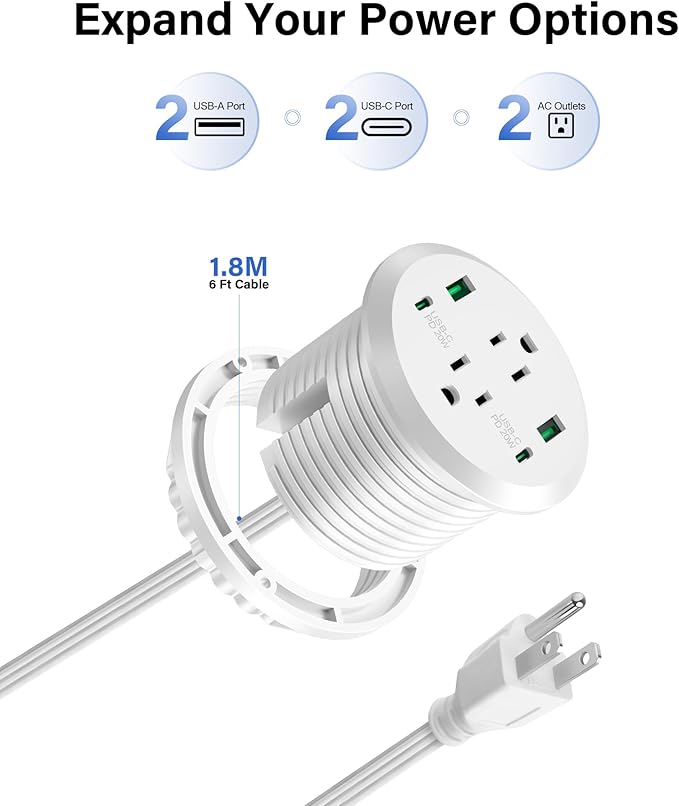 Desktop Power Grommet,GaN 65W USB C Fast Charging Station,2 AC Outlets,4 USB Ports in to the Top,Flush Mount Power Grommet 3'' Hole,Countertop Recessed Outlet White