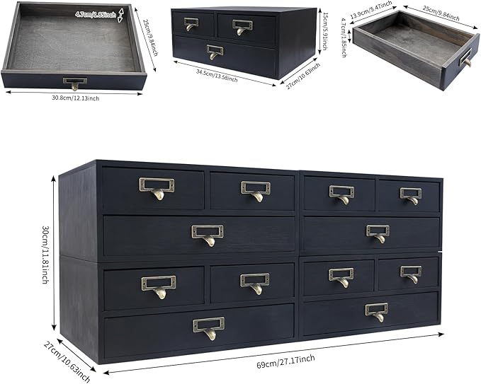 4 Packs Vintage Desktop Apothecary Cabinet with 3 Drawers,Wood Desktop Organizers Stackable Drawers Desktop Chest Drawer for Herb Storage,Tea Collection,Stationery (Black)