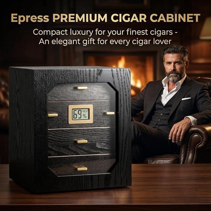 Epress Premium Cigar Humidor Cabinet - 4 Spanish Cedar Drawers with Electronic Hygrometer & Rectangular Humidifier - Airtight Magnetic Seal Glass Door - Luxury Desktop Storage for 100-150 Cigars