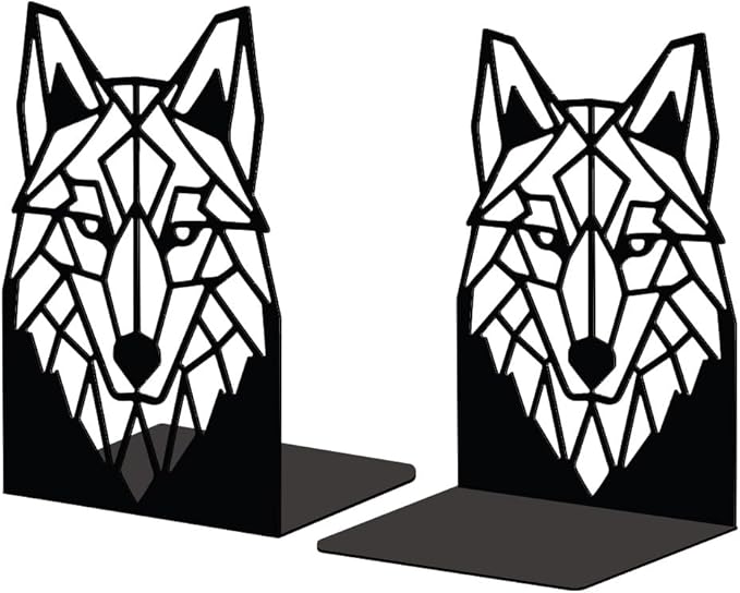Peacoblue Metal Bookends for Shelves, Modern Decorative Heavy Duty Study Book Support Stoppers for Office, Desk, Shelf, Room 5.3"x4.3"x7.5" Cast Iron Simple Tall Bookends, 1 Pair (Geometric Wolf Head)