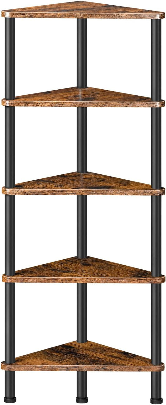 HOOBRO Corner Shelf Stand, Industrial 5-Tier Corner Bookshelf with Metal Frame, Plant Display Shelf, Small Bookcase for Small Spaces, Bedroom, Living Room, Rustic Brown BF33CJ01