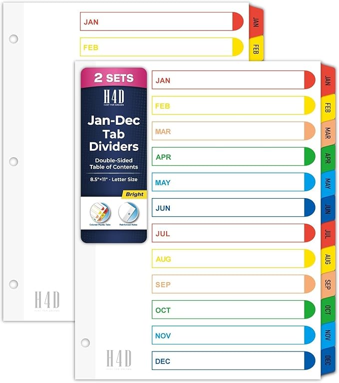 H4D Monthly Binder Dividers for 3-Ring Binder, Jan-Dec 12 Tab Dividers with Customizable Table of Contents, Multicolor Tabs, Reinforced Holes, Letter Size, Bright, 2 Sets