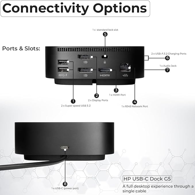 HP Docking Station for Laptop Dual Monitor and Charging Bundle - USB-C G5 Dock 5YH27AV#ABA with 120W Adapter + HDMI Cable + DisplayPort Cable + USB-C Cable + Microfiber Cloth (Renewed)