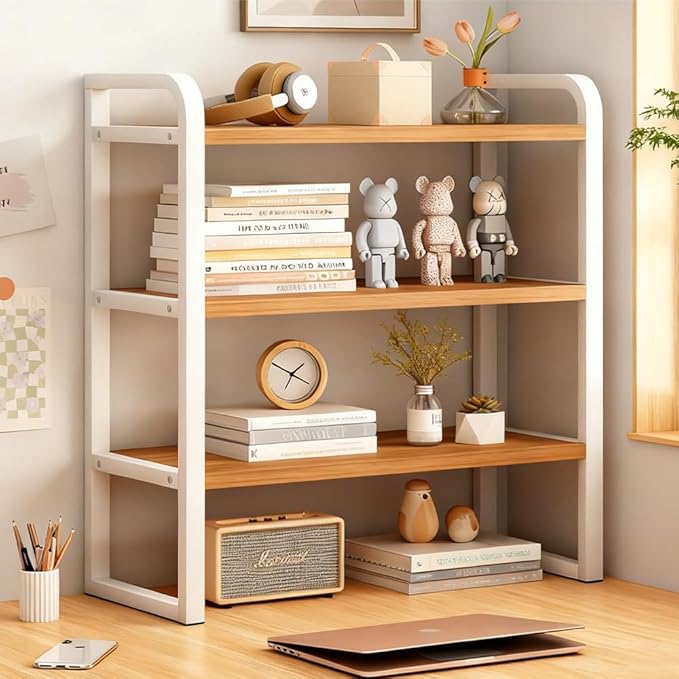 Office Desk Shelf Organizer, Wood Desktop Bookshelf Supplies Storage Rack, Shelf for Top of Desk and Dresser and Cubicle Decor Aesthetic Bookshelf (White Wood, three Tier 19.69 Lx7.87 Wx22.05 H)