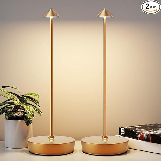 2Pack Rechargeable Cordless Table Lamp, Portable Powered LED Battery 6000mAh Metal USB Desk Lamp, 3 Levels Brightness Light for Restaurants Outdoor (2pack Gold)