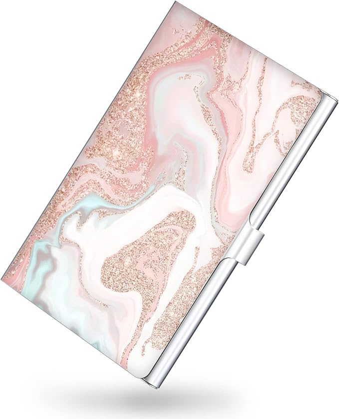 Business Card Holder，Color Printing Men's and Women's Business Card Case，Ultra-Thin Metal Business Card Organizer，Carry-on Pocket Wallet Business Card Holder,Pink Quicksand