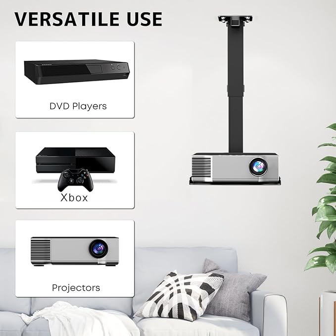 PUTORSEN Adjustable Projector Ceiling Mount,Universal Projector Shelf for Ceiling and Wall, Holds up to 22lbs，No Hole Installation, Hidden Cable Routing, Black（S）
