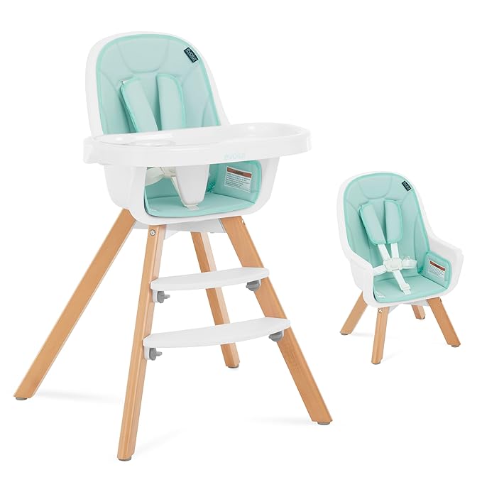 évolur Zoodle 3-in-1 High Chair in Mint | Convertible Wooden Baby Feeding Chair with Dishwasher Safe Removable Tray, Adjustable Footrest, Padded Cushion, 5-Point Harness for Infants & Toddlers