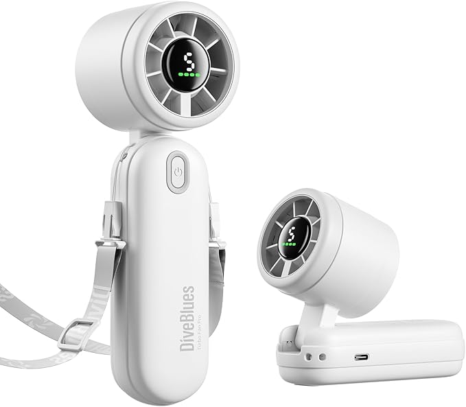 Diveblues Handheld Fan, 30ft/s Mini Portable Turbo Fan [12H Max Cooling], 4000mAh Personal Fan with LED Display, 3-in-1 Hand Held/Neck/Desk Fan for Travel, Cruise, Disney Essentials